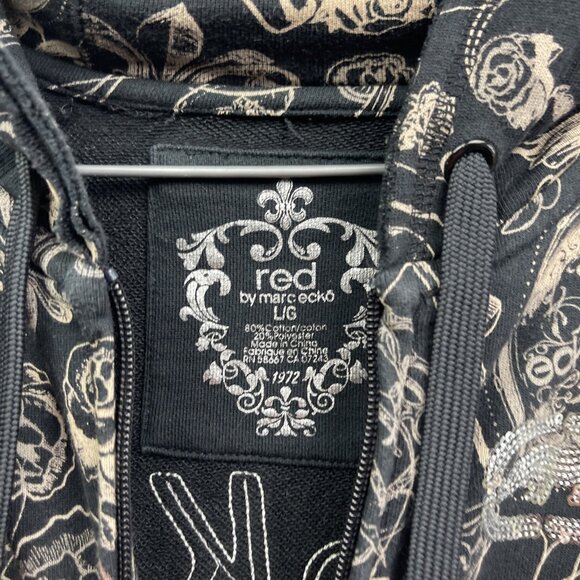 Y2K 90s Women's L Red by Marc Ecko Graphic Logo Hoodie Goth Emo Skull Rose AOP - Picture 6 of 15